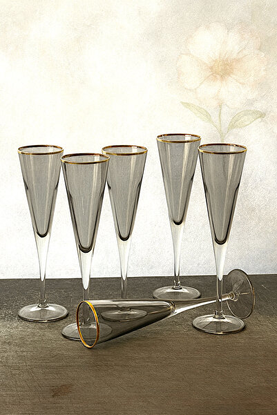 WuuQ Füme Renk 6 Lı Kahve Yanı Veya Meşrubat İçecek Bardağı - Füme Gold Lüster