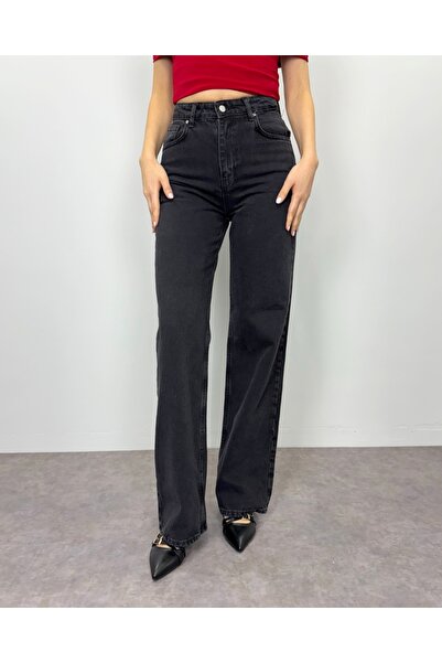 deqfashion بنطلون جينز نسائي من Anthracite Palazzo بخصر عالٍ وقصة مستقيمة