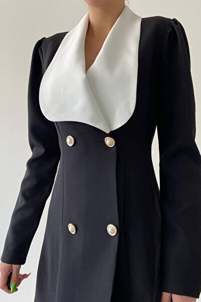 vuvutasarım Γυναικείο μαύρο ύφασμα τζάκετ Atlas Μίνι φόρεμα με φαρδύ γιακά μακρυμάνικο 170