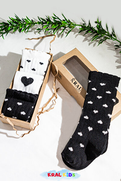 KRAL SOCKS 3 Pairs Boxed Heart Patterned Baby Socks - Long Cotton Socks Set / 6-18 Months