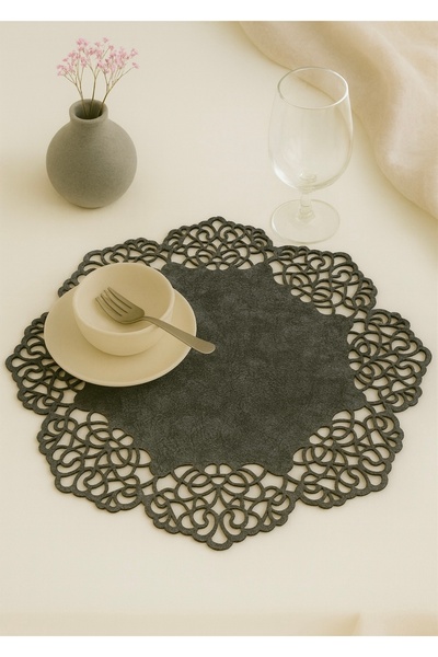 Ergüven Home طقم تقديم أمريكي دائري من قماش سويدي رمادي داكن 6 قطع 35x35 سم