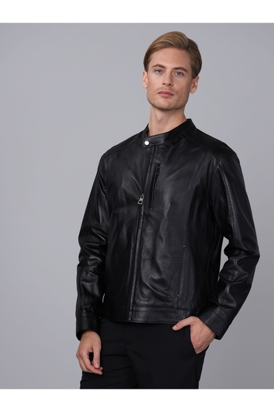 Basics&More سترة رجالية من الجلد الطبيعي باللون الأسود مع تفاصيل سحاب - S5