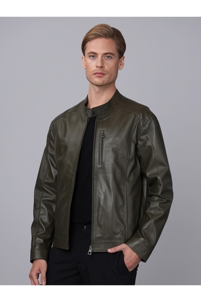 Basics&More سترة رجالية من الجلد الكاكي الأصلي بتفاصيل سحاب - S5