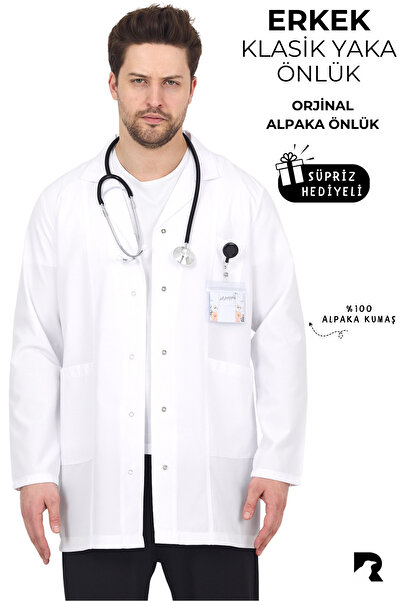 Raven Uniform Uzun Kol Beyaz Erkek Önlük Ceket Boy Apaş Yaka Hemşire Doktor Öğretmen Önlüğü