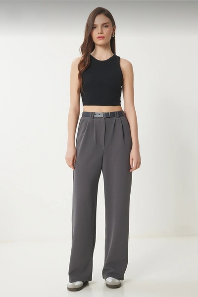 Safgiyim44 Women's Rena Belted Lycra Plazzo Pantalon Gray