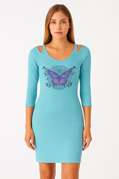 JADİYA Summer Stylish Mni Shoulder Low-Cut Round Neck Butterfly Printed Stone Camisole Dress