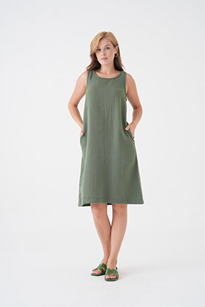 Butik %100 Pamuk Müslin Kumaş Sıfır Kol Kısa Elbise