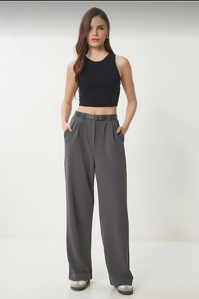 Safgiyim44 Women's Rena Belted Lycra Plazzo Pantalon Gray
