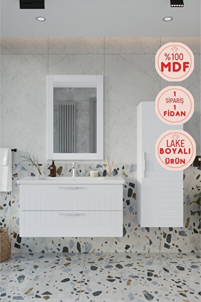 BALNEOM Erguvan Beyaz Gümüş Kulp Demonte Lavabolu Banyo Dolabı 100 Set