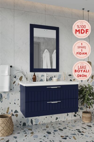 BALNEOM Erguvan Lacivert 100 Cm %100 Mdf Lavabolu Banyo Dolabı Ayna Lavabo Alt Dolap