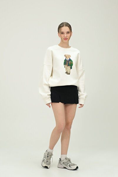 The Champ Clothing Kadın Beyaz Oversize Sweatshirt Ayı Baskılı 3 İplik Şardonlu Kışlık Model