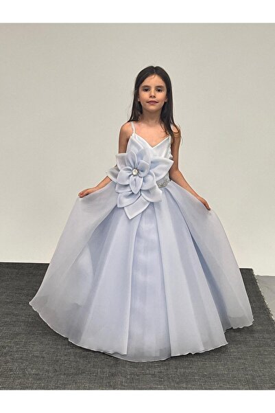 BUTİKHAPPYKİDS Kız Çocuk Abiye Büyük Çiçekli Taş Detaylı Kasnaklı Mavi Çocuk ...