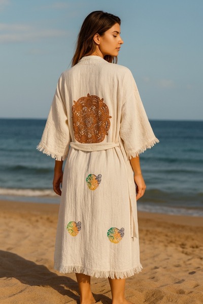 LaraLisa 4 Layers Natural Muslin Cotton Fabric Chemical Treatment Unprocessed Hand Printed Kaftan Kimono Peshtemal Bathrobe