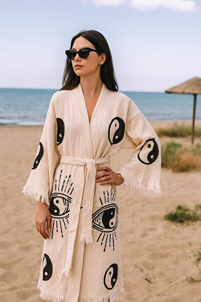 LaraLisa 4 Layers Natural Muslin Cotton Fabric Chemical Treatment Unprocessed Hand Printed Kaftan Kimono Peshtemal Bathrobe