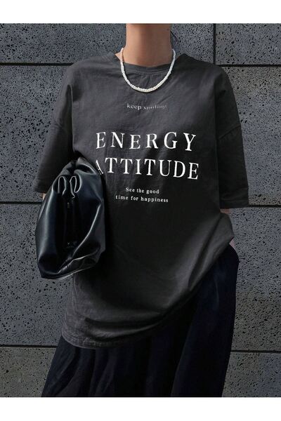 DUBU BUTİK Energy Attitudy Single Jersey T-Shirt - Smoke Printed Oversize Crew Neck Short Sleeve T-Shirt