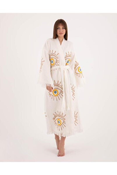 LaraLisa Collection 4 Layers Natural Muslin Cotton Fabric Chemical Treatment Unprocessed Hand Printed Kaftan Kimono Peshtemal Bathrobe