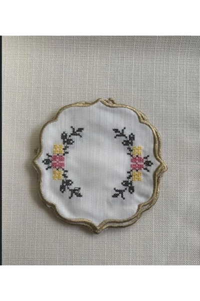 NİVEMESHOME Kanavi̇çe Embroidered Yellow-Pink Oval (6 Pcs) Linen Cocktail Servette Coffee so Presentation