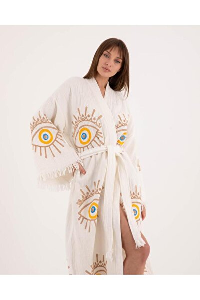 LaraLisa Collection 4 Layers Natural Muslin Cotton Fabric Chemical Treatment Unprocessed Hand Printed Kaftan Kimono Peshtemal Bathrobe