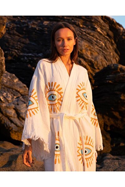 LaraLisa Collection 4 Layers Natural Muslin Cotton Fabric Chemical Treatment Unprocessed Hand Printed Kaftan Kimono Peshtemal Bathrobe