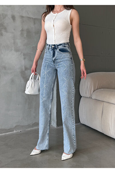 Bluezoni Women's Special Design Straight Jeans with Blue Shiny Stones