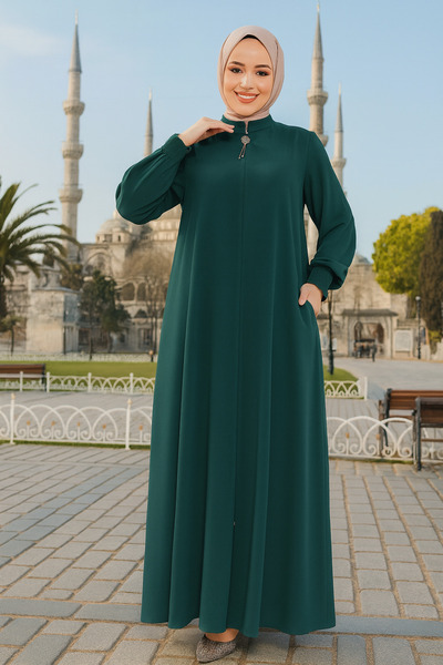 Neva Style Fermuarlı Zümrüt Yeşili Tesettür Ferace 45287ZY