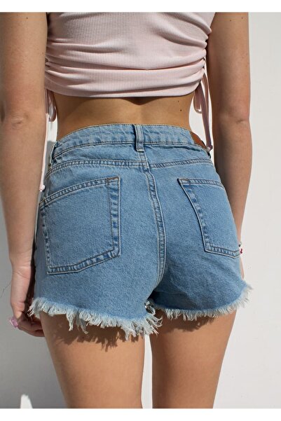 september island Klasik Mavi Mini Yırtık Detaylı Mini Jeans Şort