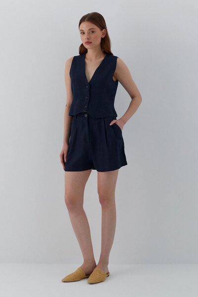 MARKALİSTE Cepkenli Shorts Linen Suit Navy Blue