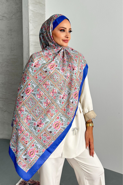 Stella Eşarp Retro Ethnic Pattern Blue Color Soft Cotton Shawl