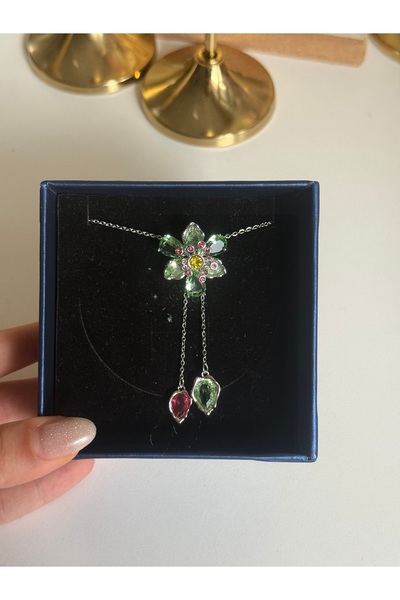 HOUSEKİ Çelik Yeşil Çiçek Kolye Gümüş Rengi