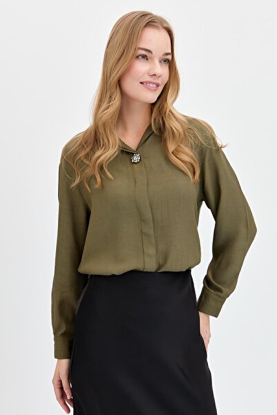 Desen Triko Kadın Önü Broşlu Maroken Uzun Kollu Gömlek Haki