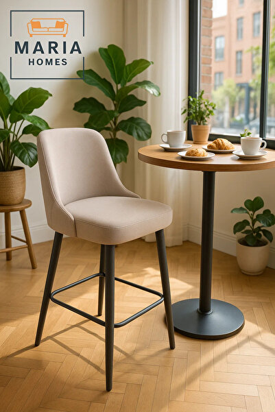 MARIA HOMES كرسي بار عصري مُنجّد بمسند ظهر منحني وأرجل معدنية سوداء - لمسة نهائية من القماش البيج الناعم