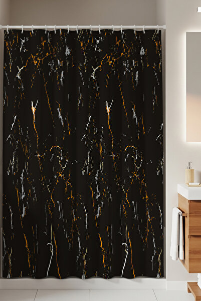 Tropikhome Siyah Mermer Desenli Banyo Perdesi, 180x200cm Duş Perdesi-tek Kanat Duş Perdesi-c Halka Hediyeli