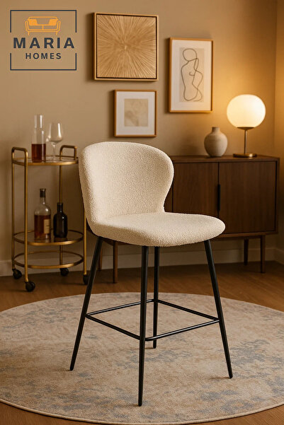 MARIA HOMES 4 PCS Beige Fabric Bar Stool with Black Metal Legs Modern Design