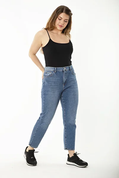 Şans Women's Plus Size Navy Blue 5 Pocket High Waist Jeans 65N37252