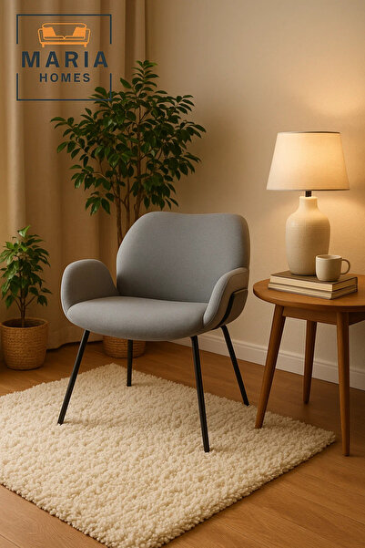 MARIA HOMES كرسي بذراعين من القماش الرمادي بأرجل معدنية سوداء - كرسي مبطن عصري لغرفة المعيشة أو المكتب