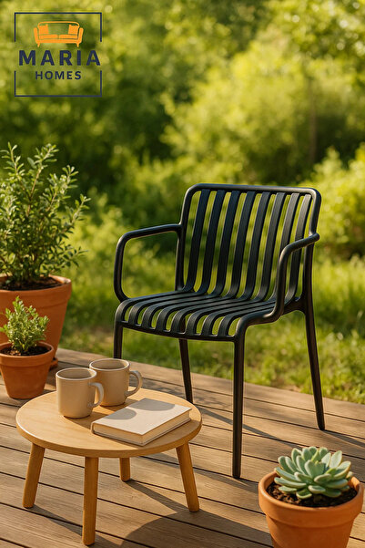 MARIA HOMES Black Plastic Outdoor Armchair with Slatted Design