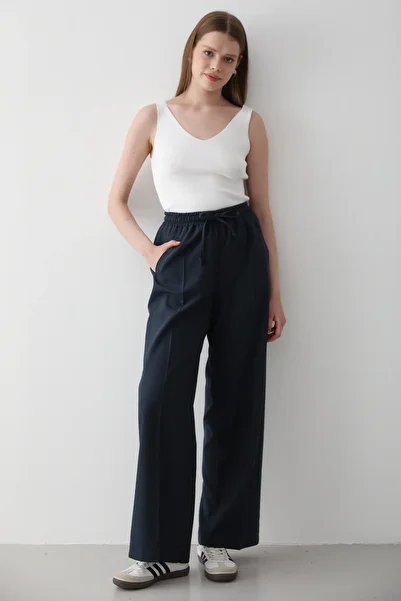 JASTE Women's Navy Blue Elastic Waist Wide Leg Palazzo Trousers