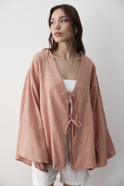 JASTE Women's Salmon Bat Sleeve Double Tie Kimono 100% Cotton