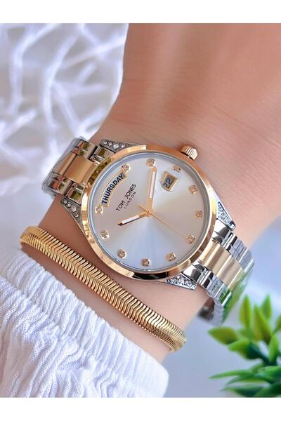 Tom Jones ساعة يد نسائية باللون الذهبي والفضي مع هدية سوار