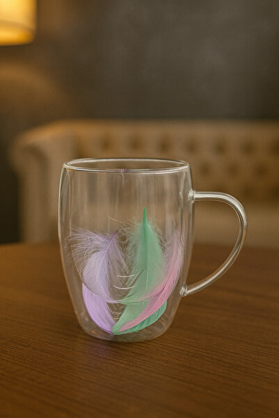 YzHome Single Double Wall Glass Feather Mug with Handle 350 ml