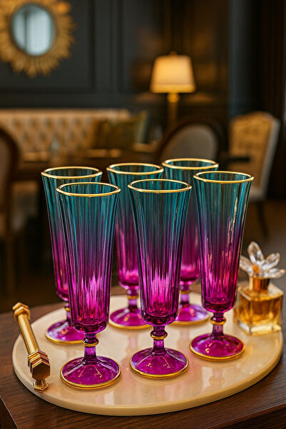 YzHome 6 Lı Renkli Yaldızlı Cam Kahve Yanı Su Bardağı Flüt Bardak 150ml