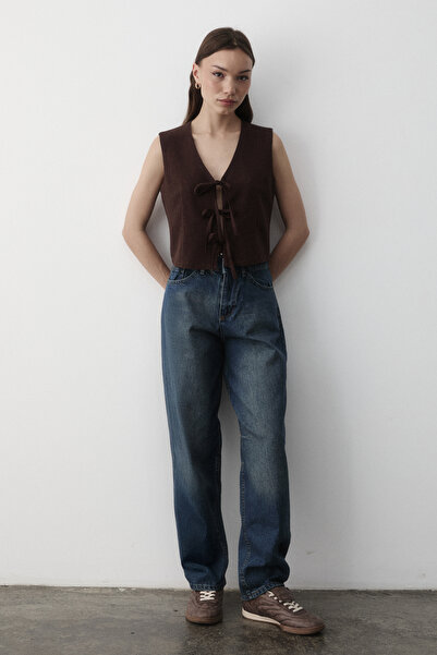 JASTE Women's Brown Tie-Up Linen Vest