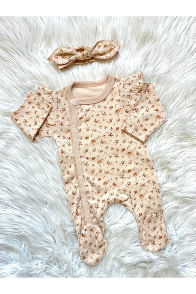 Linda Harris Crispy Flower Beige Bandana 2-Piece Newborn Baby Girl Jumpsuit Set