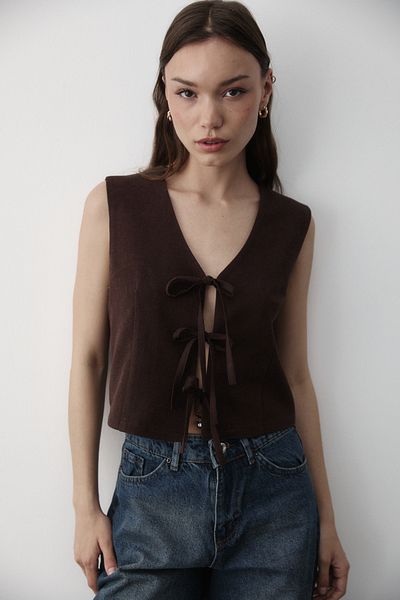 JASTE Women's Brown Tie-Up Linen Vest