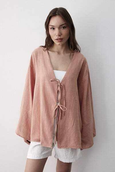 JASTE Women's Salmon Bat Sleeve Double Tie Kimono 100% Cotton