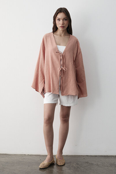 JASTE Women's Salmon Bat Sleeve Double Tie Kimono 100% Cotton