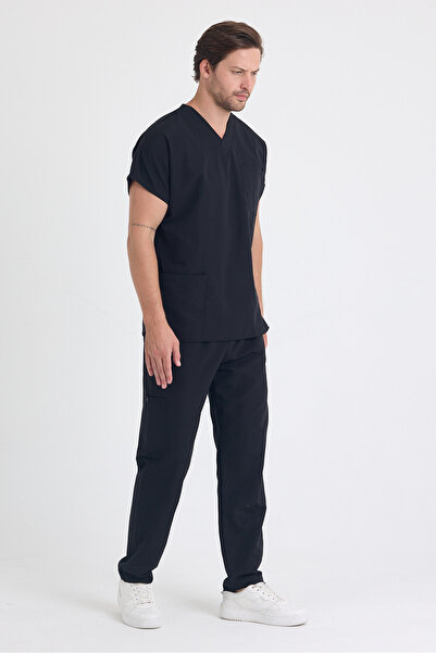 KARGA ÜNİFORMA Costum negru material elastic - Set de uniforme unisex pentru asistentă medicală și medic, cu mâneci liliac, uniforme pentru spital
