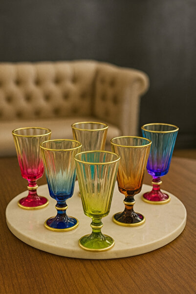 YzHome 6 Lı Cam Flüt Renkli Yaldızlı Kahve Yanı Su Bardağı Kadeh Bardak 75ml