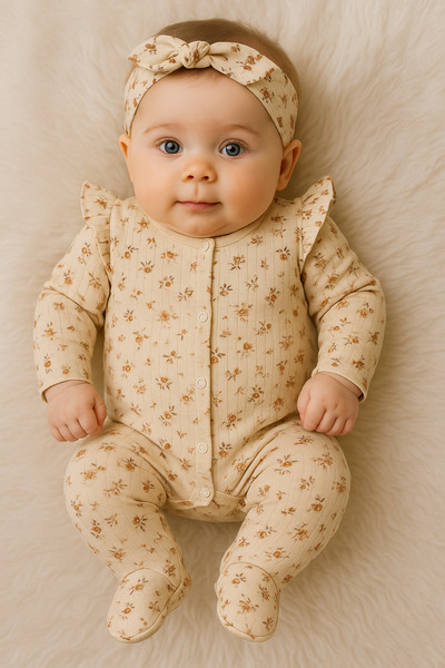 Linda Harris Crispy Flower Beige Bandana 2-Piece Newborn Baby Girl Jumpsuit Set