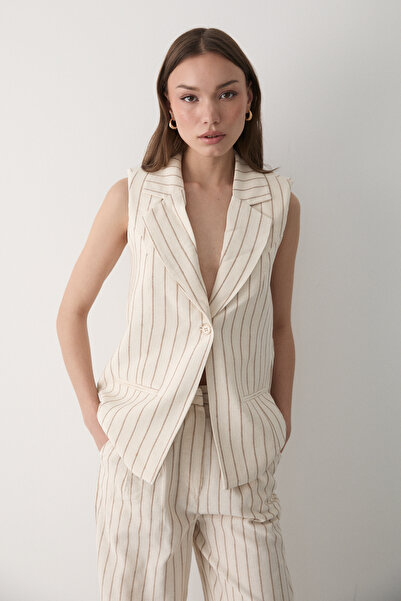 JASTE طقم سترة نسائية مبطنة ومخططة باللون البيج وبنطلون بخصر مطاطي